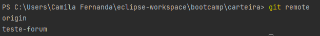 Terminal com o comando git remote, tendo como resposta origin e teste-forum