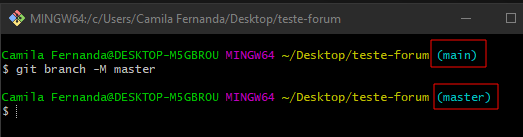 Tela do GitBash com o comando acima, tendo em destaque o texto (main) antes do comando e (master) após o comando