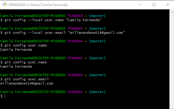 Screenshot da tela do terminal GitBash com as seguintes linhas de código:
$ git config --local user.name "Camila Fernanda"
$ git config --local user.email "millanandanet14@gmail.com"
$ git config user.name
Camila Fernanda
$ git config user.email
millanandanet14@gmail.com
