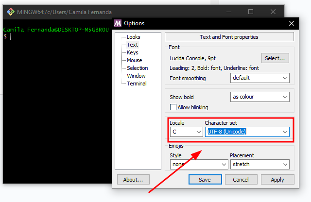 GitBash com destaque na barra Character set com a opção UTF-8 (Unicode).