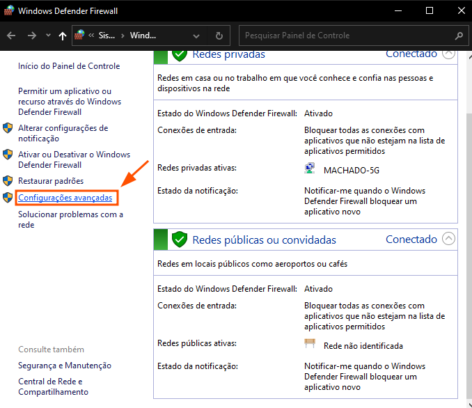 Tela Windows Defender Firewall com destaque na opção Configurações avançadas