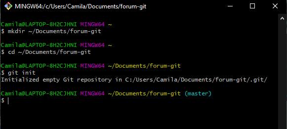 GitBash com o comando mkdir ~/Documents/forum-git e em seguida, o comando cd ~/Documents/forum-git e por fim, git init com a mensagem de retorno: Initialized empty Git repository in C:/Users/Camila/Documents/forum-git/.git/