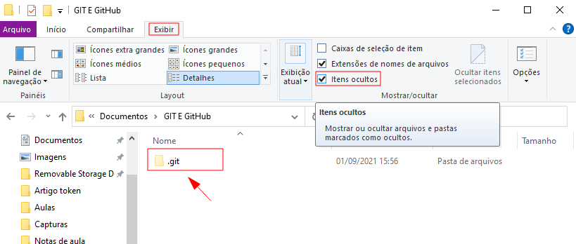Screenshot da tela do Explorador de Arquivos com destaque em Exibir->itens ocultos. Além da pasta .git