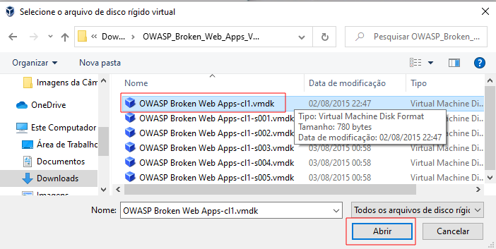 Screenshot da tela do Explorador de arquivos com destaque no arquivo OWASP Broken Web Apps-cl1.vmdk