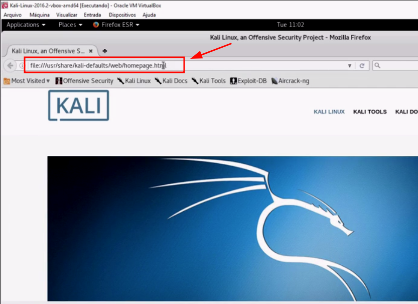 Firefox no Kali Linux com destaque na barra de busca
