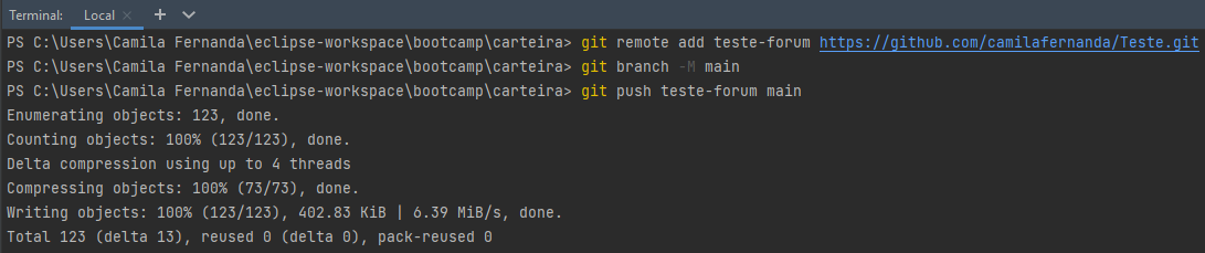 Terminal com os três comandos citados acima realizados com sucesso