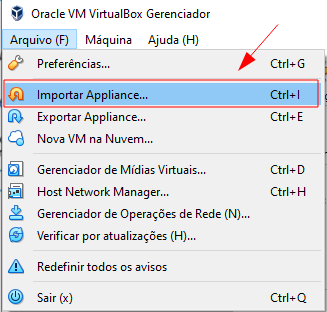 Screenshot da tela do VirtualBox com destaque na opção "Importar Appliance"