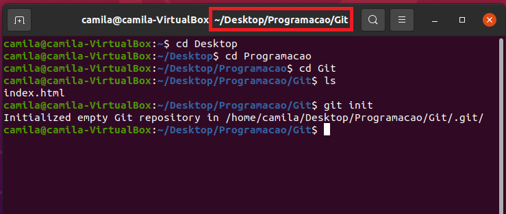 Screenshot da tela do terminal do Linux com os comandos: cd Desktop; cd PROGRAMACAO e cd Git. Com destaque no diretório informado na barra superior do terminal.
