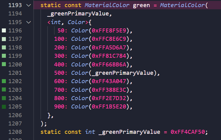 Print do MaterialColor green do código interno do Flutter, nele vemos as cores em int de cada tom na MaterialColor