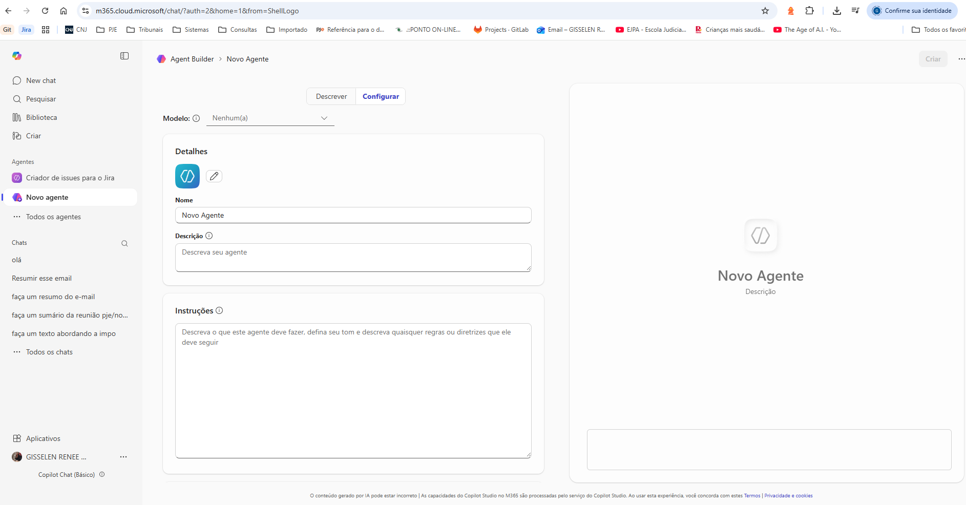 Tela de criação de agentes utilizando o Agent Builder