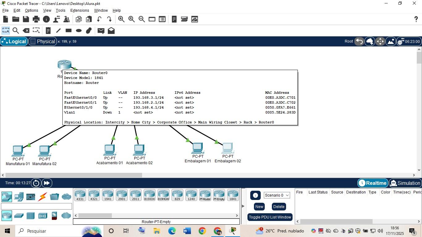 Imagem do Roteador no exercício com a porta FastEthernet0/0 ligada ao switch