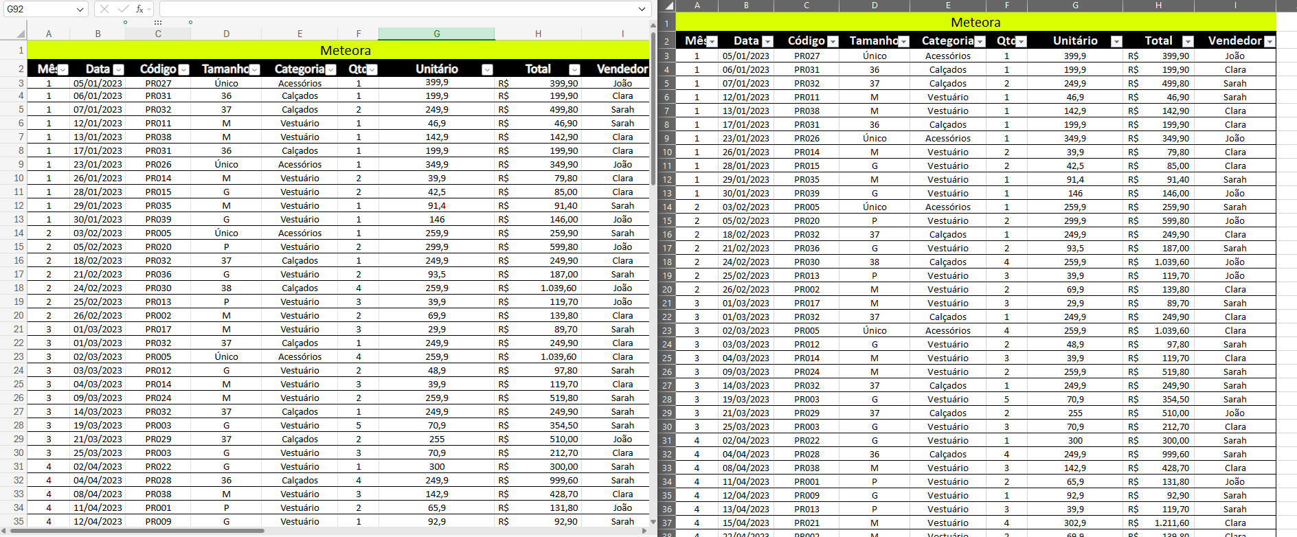 Eu esbarrei em alguns problemas, mas realizando algumas pesquisar e acompanhando as aulas consegui entender qual formulá poderia usar. Na minha versão mais antiga do Excel usei a formula de PROC e fiz o calculo do valor unitário, total e corrigi a coluna de TAMANHO que estava dando erro. 
Mas também busquei uma versão mais atual usando o 365Online para realizar a utilização do PROCX