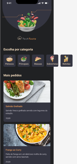 Imagem de tela de aplicativo de entrega de comida com design escuro. Na parte superior, um logo estilizado com uma tigela de salada e o texto 'TechTaste'. Abaixo, filtro com opções de categorias de comida com ícones como petiscos, pratos principais, massas, sobremesas e bebidas. Na seção 'Mais pedidos', há imagens de pratos como salmão grelhado com legumes e frango ao curry, acompanhados por descrições e preços.