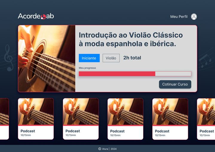 Dashboard do AcordeLab mostrando um curso intitulado 'Introdução ao Violão Clássico à moda espanhola e ibérica'. O topo da tela exibe a o logotipo do aplicativo, à direita, e opções de pessoa usuária, à esquerda. O centro apresenta um retângulo representando um curso. Em seu interior, há a imagem das mãos de uma pessoa tocando um violão clássico, à esquerda. À direita, há informações do curso como o título as descrições 'Iniciante' e 'Violão', a duração total de 2 horas e um indicador de progresso representado por uma barra parcialmente preenchida na cor laranja. Abaixo desse retângulo de curso, há uma série de miniaturas com a imagem do curso, o título 'Podcast' e a duração de '10/15 min'. O design possui tons dominantes de vermelho e azul escuro.