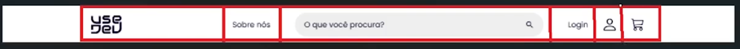 Barra de navegação de site com fundo branco e detalhes vermelhos, contendo o logo 'UseDev' no canto esquerdo, links para 'Sobre nós' e campo de busca com a frase 'o que você procura?', além de ícones para login, e acesso para perfil de usuário e carrinho no canto direito.