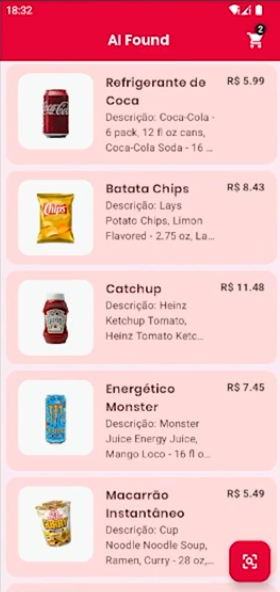 Interface do aplicativo AI Found, nas cores vermelho, rosa claro e branco, exibindo uma lista de produtos com suas imagens, nomes e preços em reais. No topo, há um cabeçalho vermelho com o texto 'AI Found' centralizado e no canto direito, um ícone de carrinho de compras. A lista inclui, de cima para baixo: um refrigerante de coca com o preço de R$ 5,99; batata chips sabor limão da marca Lay's por R$ 8,43; ketchup Heinz por R$ 11,48; uma bebida energética Monster por R$ 7,45; e macarrão instantâneo sabor curry por R$ 5,49. Cada item tem uma breve descrição à direita da imagem correspondente. Acima da tela do aplicativo, a barra de status do celular aparece na mesma cor vermelha.