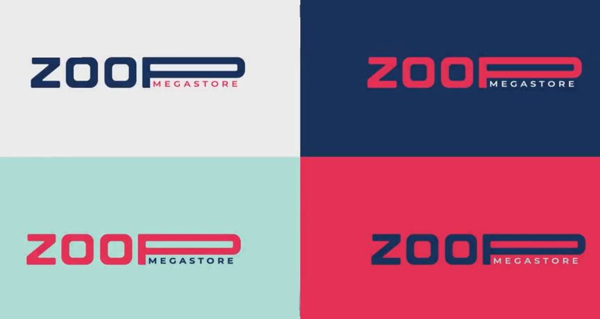Imagem dividida em quatro quadrantes, cada um apresentando um logotipo da 'ZOOP MEGASTORE'. No quadrante superior esquerdo, o logotipo é azul-escuro com 'MEGASTORE' em vermelho, sobre um fundo branco. No quadrante superior direito, o logotipo é vermelho com 'MEGASTORE' em branco, sobre um fundo azul-escuro. No quadrante inferior esquerdo, o logotipo é vermelho com 'MEGASTORE' em azul-escuro, sobre um fundo verde-água. No quadrante inferior direito, o logotipo é azul com 'MEGASTORE' em verde-água, sobre um fundo vermelho.