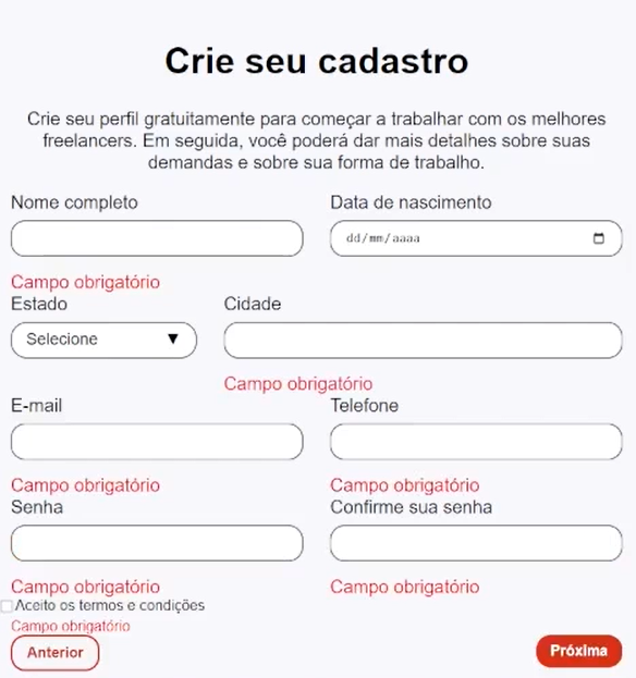 Formulário de cadastro online da freelando. Muitos dos campos são marcados como 'Campo obrigatório', com essa mensagem em vermelho abaixo deles.