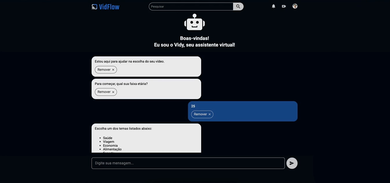 Interface de um chatbot denominado Vidy com um fundo escuro e texto em azul e branco. A parte superior mostra o logotipo da VidFlow e um campo de pesquisa com um ícone de lupa. À direita superior, há ícones de sino, câmera e um círculo com a foto da pessoa usuária. No centro, um ícone de robô e uma área de diálogo com a mensagem 'Boas-vindas! Eu sou o Vidy, seu assistente virtual!' e caixas de interação com a pessoa usuária na cor branca, alinhadas à esquerda. Há uma resposta exemplificada numa caixa azul, alinhada à direita, com o número 25. Na parte inferior, um campo para digitar mensagens com um botão de envio ao lado direito.