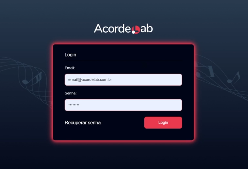 Tela de login do site AcordeLab com campos para inserir e-mail e senha, além de um botão para recuperação de senha e outro para realizar o login, com um fundo azul escuro e detalhes em vermelho e branco.