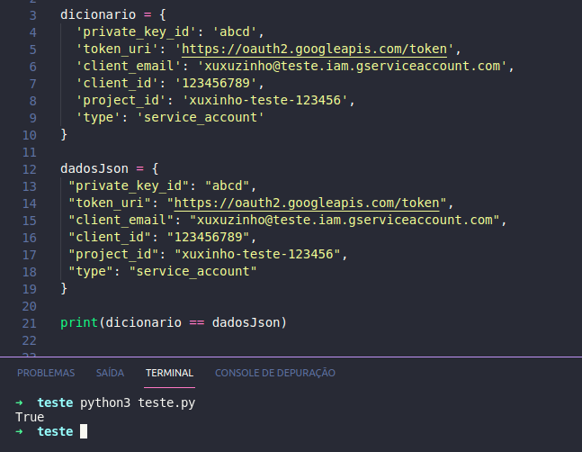 Exemplo de comparação de dicionario e json com resultado True