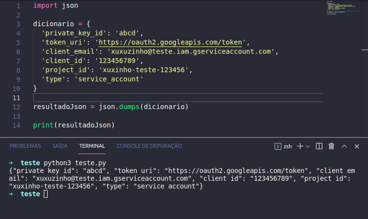 Resultado da conversão de dicionario para json