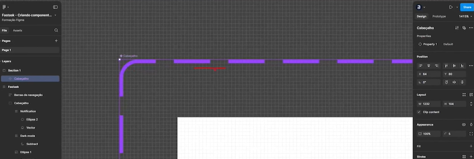 Interface de usuário do software de design gráfico Figma mostrando a edição de um componente de interface com um cabeçalho roxo em forma de "L" na parte superior esquerda da tela, sobre um fundo quadriculado representando a área de trabalho. À direita, painéis de propriedades e ferramentas com opções de design, prototipagem e compartilhamento.