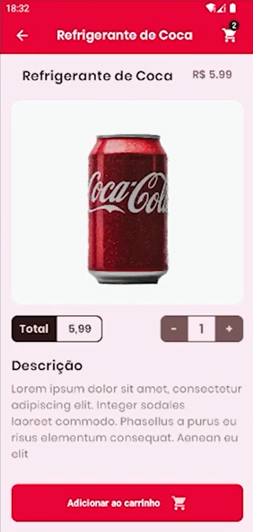 Tela de detalhes do item. Ela exibe um refrigerante em lata com rótulo da marca Coca-Cola sobre um fundo branco. Abaixo da imagem do item, o preço total de R$ 5,99 à esquerda e botões de mais e menos para selecionar a quantidade desejada à direita. Abaixo destes, a descrição do item, e abaixo dela, um botão vermelho para adicionar o item ao carrinho.