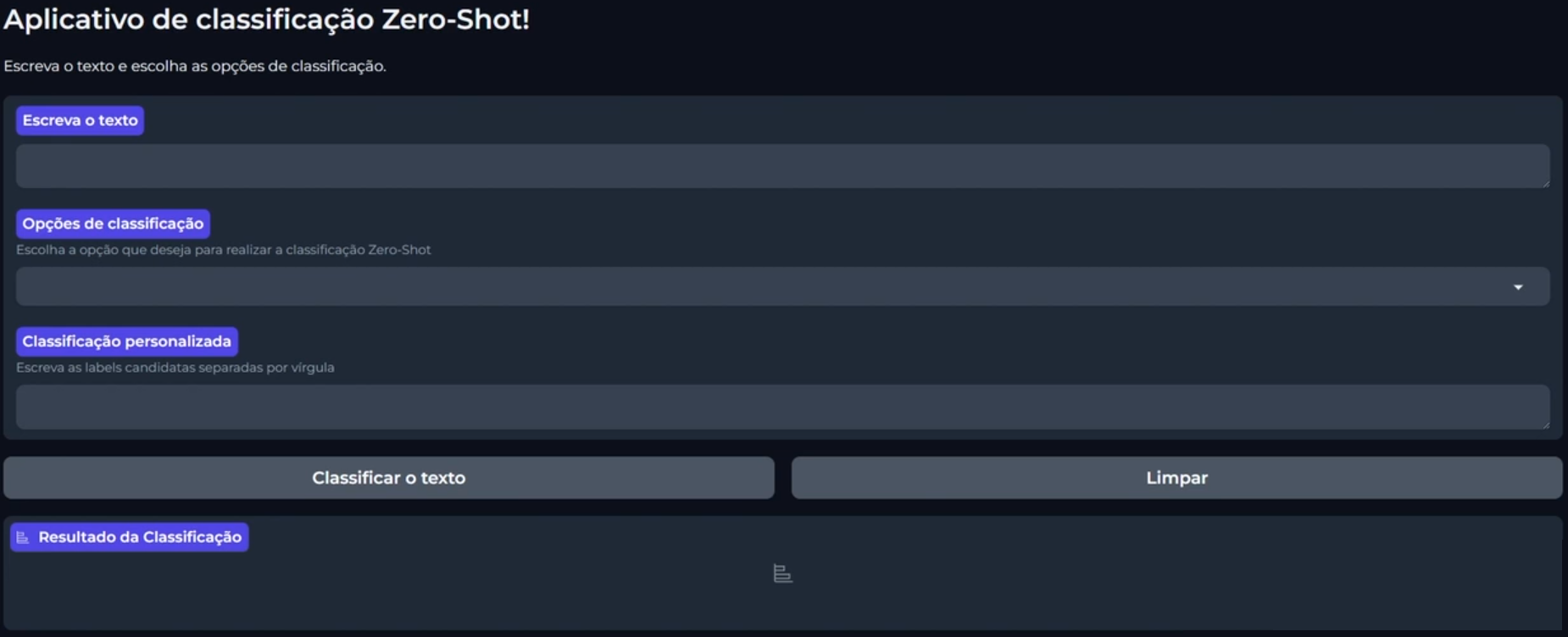 Interface de um aplicativo de classificação chamado "Aplicativo de classificação Zero-Shot" exibida em tons de azul-escuro. No topo, há um cabeçalho com o título do aplicativo. Abaixo do título, um campo para digitar texto com um botão dizendo "Escreva o texto". Segue-se uma seção denominada "Opções de classificação" com um botão de opção para selecionar o método de classificação. Abaixo, há uma área para "Classificação personalizada" que permite escrever etiquetas separadas por vírgula. Na parte inferior da tela, há um botão grande intitulado "Classificar o texto" ao lado de um botão menor "Limpar". Abaixo desses botões, há uma barra destacada com o rótulo "Resultado da Classificação".