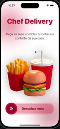 Tela de smartphone exibindo aplicativo 'Chef Delivery' com texto 'Peça as suas comidas favoritas no conforto da sua casa.' e ícone 'Descubra mais'. A imagem inclui uma ilustração de batatas fritas em uma embalagem vermelha, hambúrguer com alface, queijo e tomate, e um copo de refrigerante com canudo.