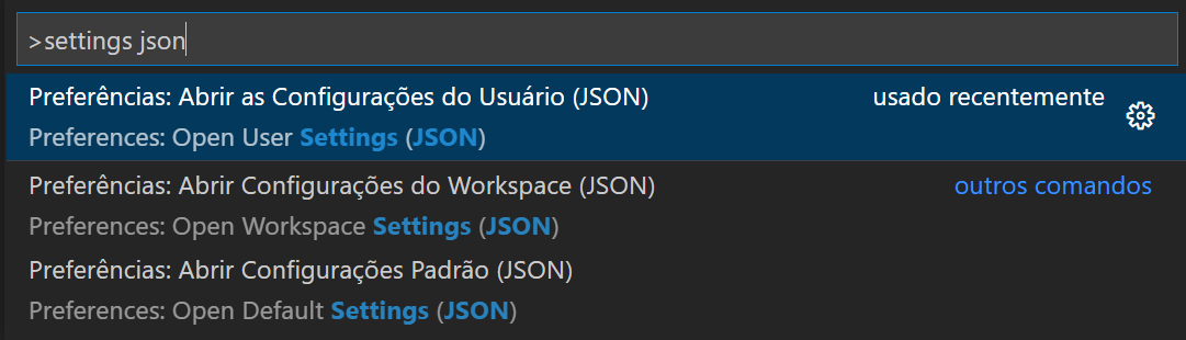 Recorte de tela mostrando a caixa de texto na parte superior do VSCode. Nela está o texto "> settings json" e abaixo dele estão algumas opções. A primeira delas é a "Preferências: Abrir as Configurações do Usuário (JSON)" e está destacada em azul.