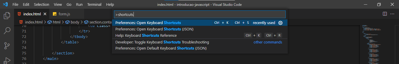 Print do visual studio code, destacando a parte do campo de texto, onde foi digitado "shortcuts", e aparecendo realçada a opção "Preferences: Open Keyboard Shortcuts"