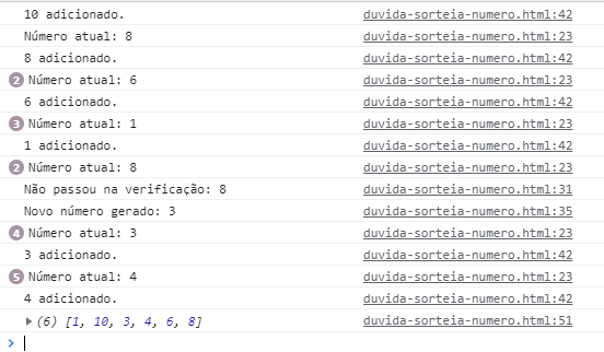 Print do console do navegador com alguns resultados como: "10 adicionado", "Número atual: 8", "8 adicionado.", entre outros.