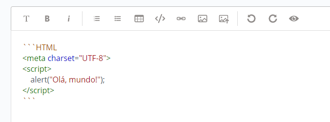Exemplo de código HTML dentro do bloco de código, com as tags meta, script e código javascript dentro da tag script. E junto das primeiras três crases, foi digitado "HTML". O código é realçado com algumas cores, de acordo com a linguagem especificada.