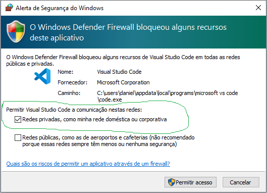 Mensagem de alerta do Windows Defender (firewal) sobre o Live server (Visual Studio Code) acessando a página html