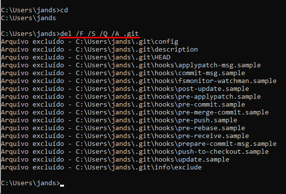 Cmd com o comando del /F /S /Q /A .git