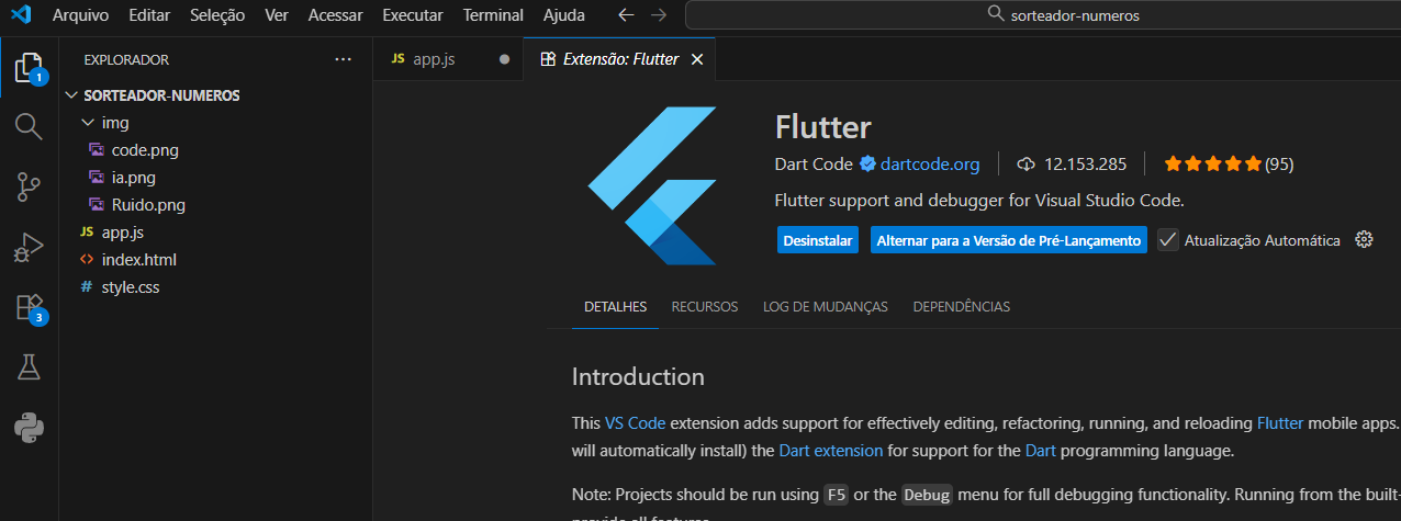 Print do meu VSCode mostrando que baixei o Flutter mas não acho o terminal