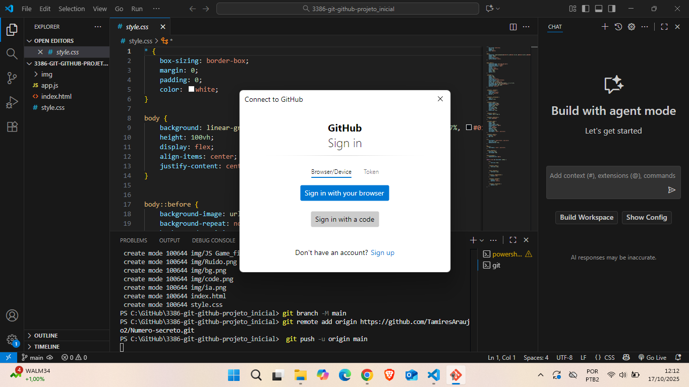 Imagem do Vs Code, com a janela do Connect to Github