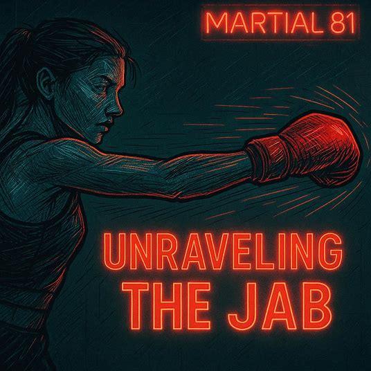 crie uma imagem para um post sobre boxe chamado "desvendando o jab". a imagem deve ter fundo monocromático e um braço de mulher com uma luva vermelha dando um jab; deve ter estilo desenho cyberpunk e ilustrar o movimento do golpe; as luzes devem ser indiretas; na parede também tem um letreiro LED escrito "Martial 81" em vermelho![