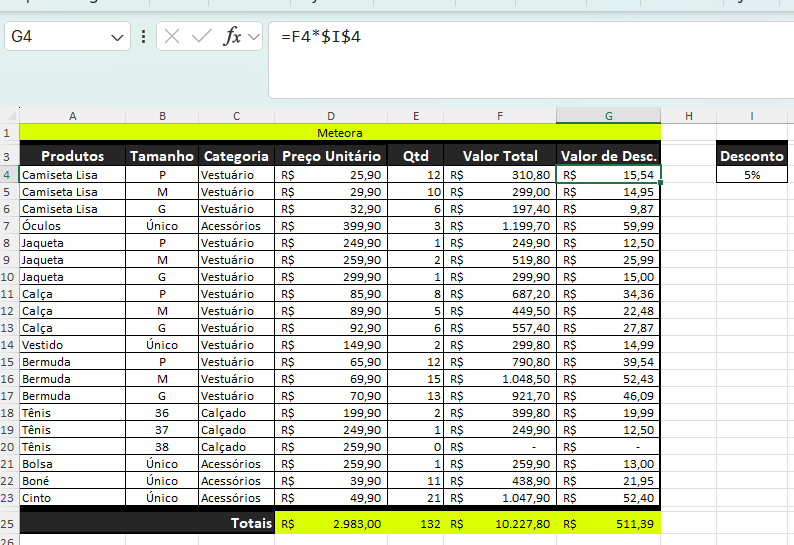 Print da tabela do Excel com a atividade proposta
