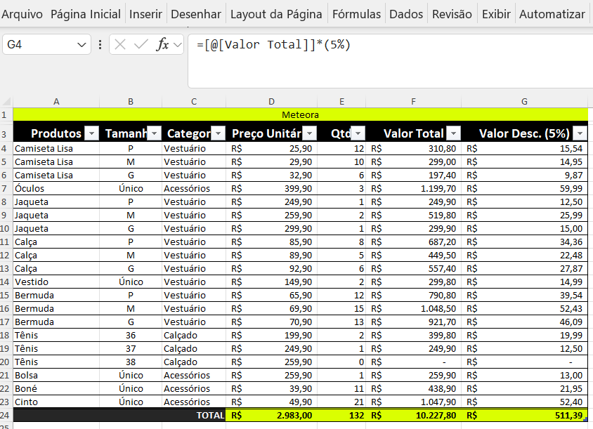 Planilha do Excel com o desafio proposto no vídeo - cálculo do valor de desconto