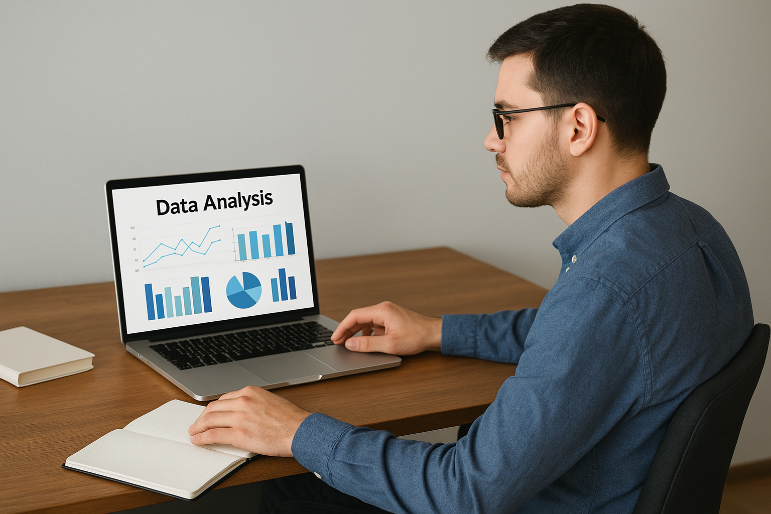 Homem jovem de óculos, sentado à mesa, estudando análise de dados no notebook que exibe gráficos e o título “Data Analysis
