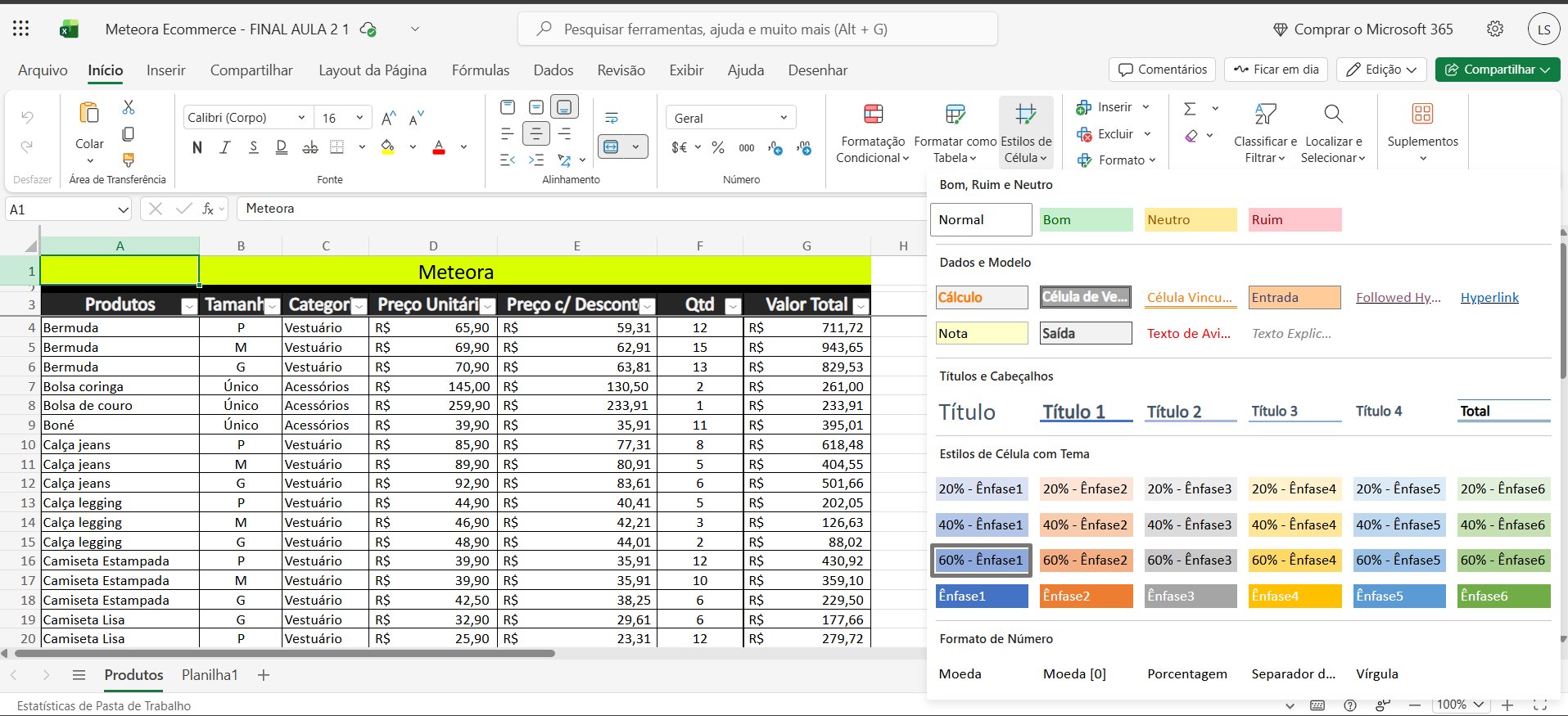 Em Estilos de Células no Excel Online não tem opção ensinada para fazer a configuração de "Novo Estilo de Células" 