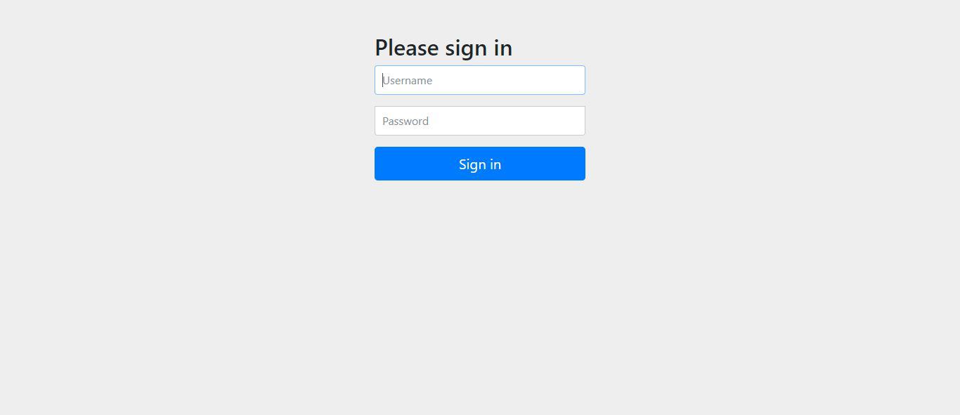 Tela de login com fundo cinza, formulário centralizado com dois campos (usuário e senha) e título 'Please sign in'