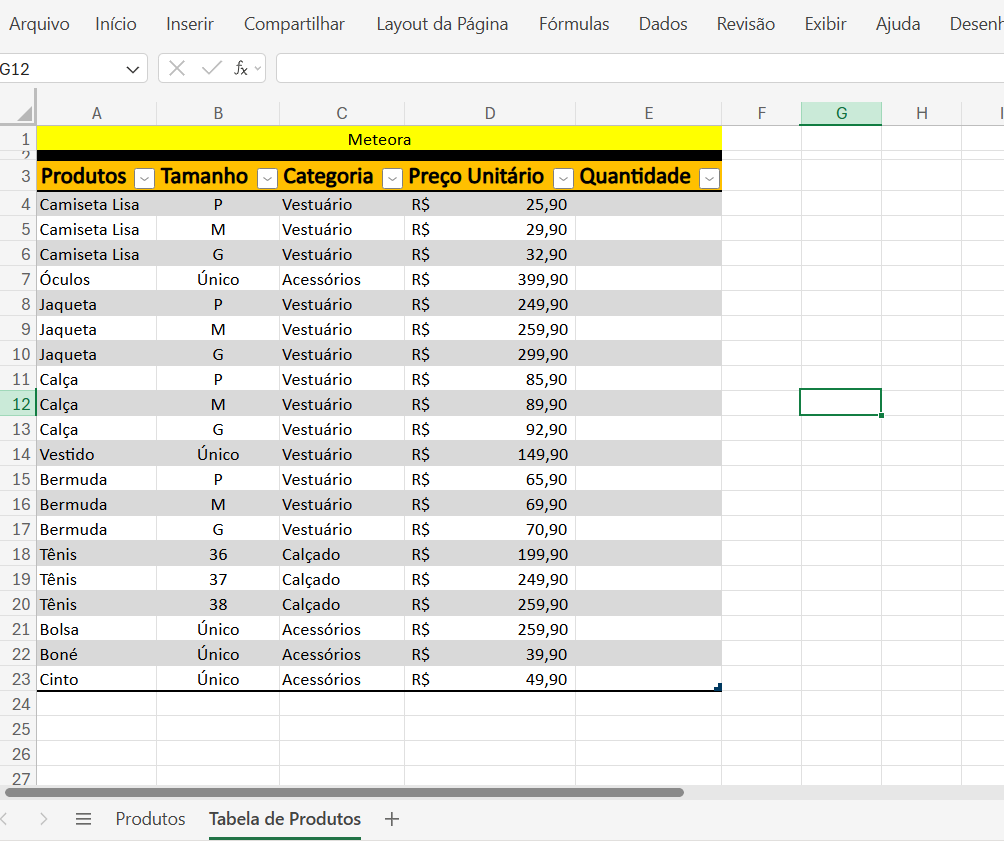 Tela do excel com tabela da empresa meteora com as informações de produtos, tamanhos, categoria, preço unitário e quantidade