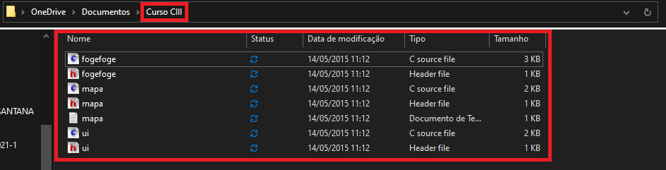 Imagem de uma pasta chamada Curso III com 7 arquivos