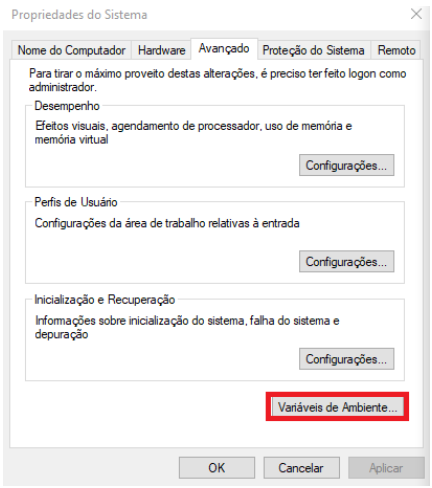 Janela mostrando o início das propriedades do sistema com o botão Variáveis de ambiente com um destaque em vermelho