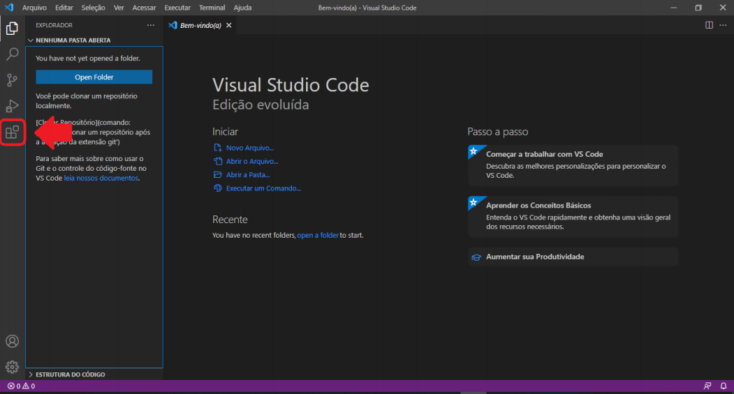 Página do Visual Studio Code com o botão de extensão destacado com um quadrado vermelho e uma seta também vermelha