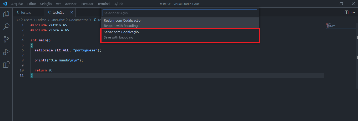 Imagem do Visual Studio Code com a opção Salvar com Codificação com destaque em vermelho