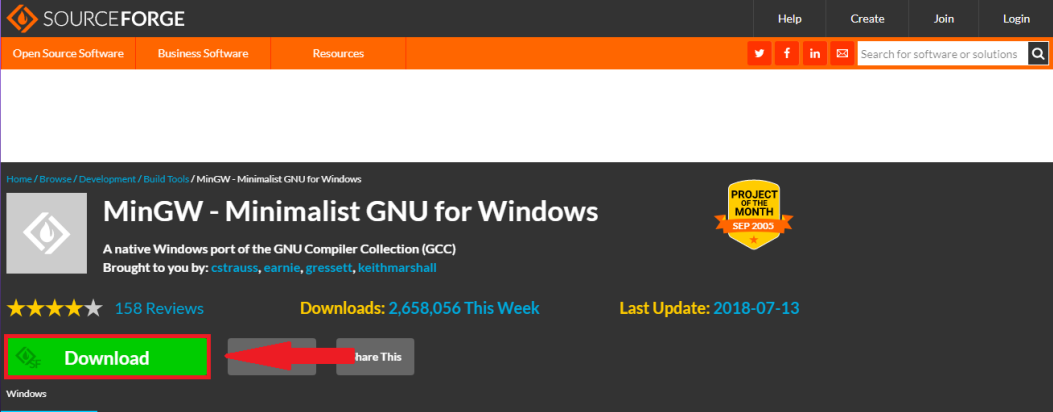Página Souseforge usada para baixar o MinGW com o botão Download destacado com um quadrado vermelho e uma seta também vermelha